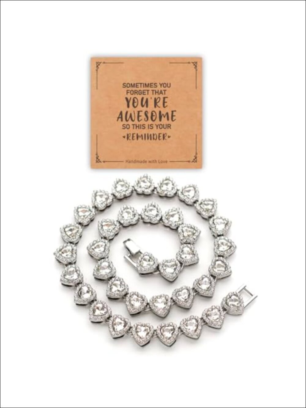 Rhinestone Heart Tennis Necklace Silver Tone Adjustable Chain